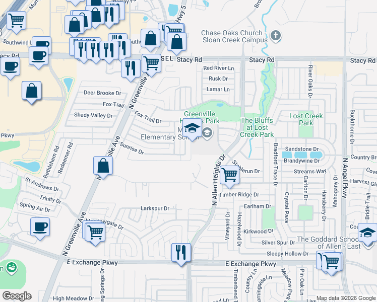 map of restaurants, bars, coffee shops, grocery stores, and more near 1604 Sul Ross Dr in Allen