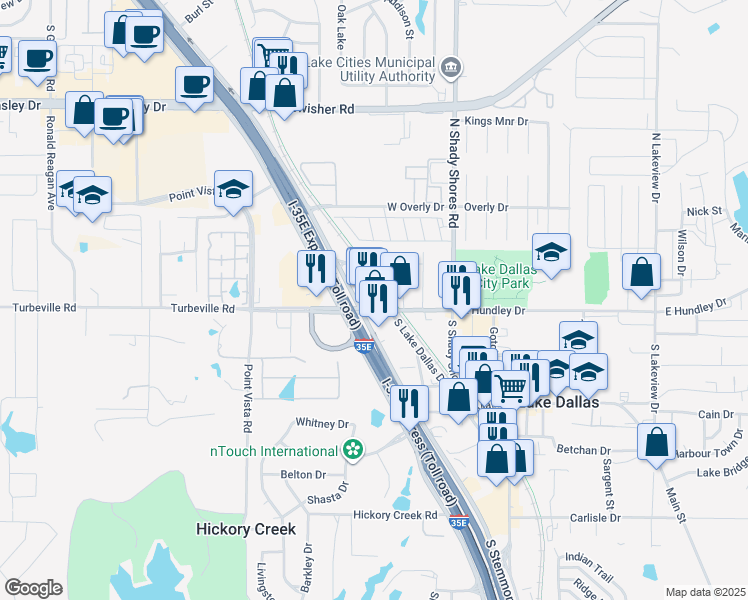 map of restaurants, bars, coffee shops, grocery stores, and more near 301 West Hundley Drive in Lake Dallas