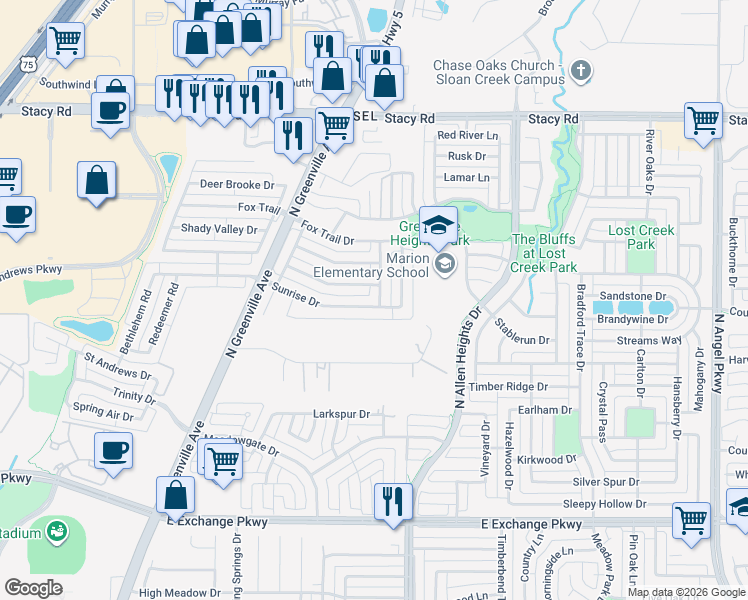 map of restaurants, bars, coffee shops, grocery stores, and more near 1115 Sunrise Dr in Allen