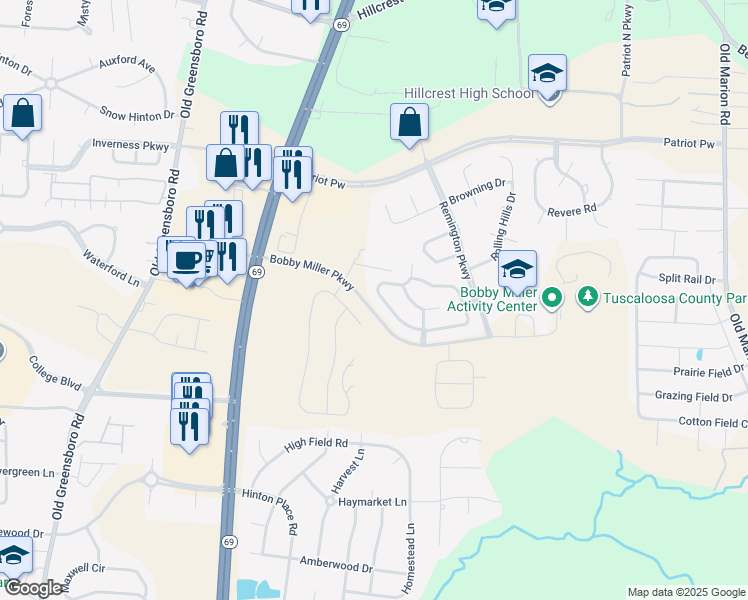map of restaurants, bars, coffee shops, grocery stores, and more near 599 Camille Ln in Tuscaloosa