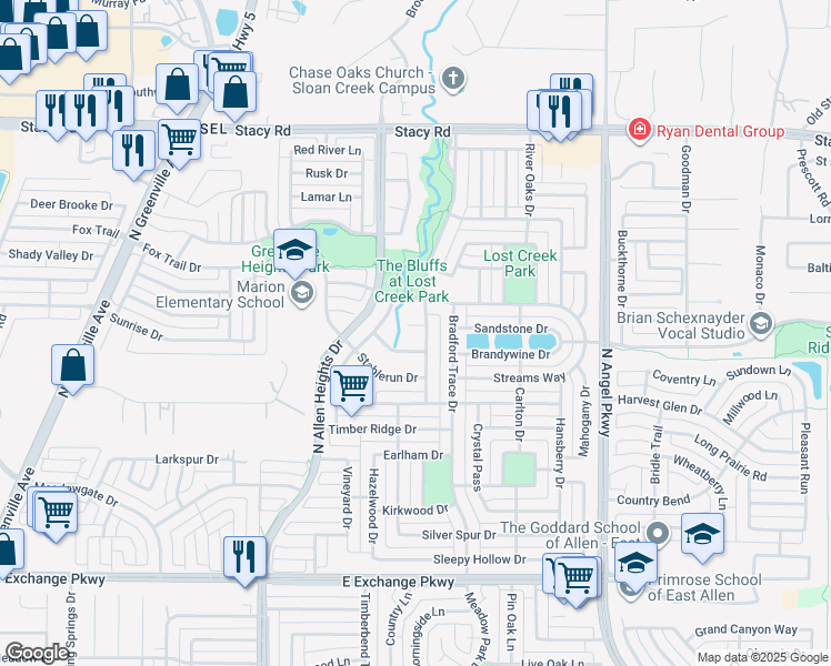 map of restaurants, bars, coffee shops, grocery stores, and more near 1424 Lost Creek Court in Allen