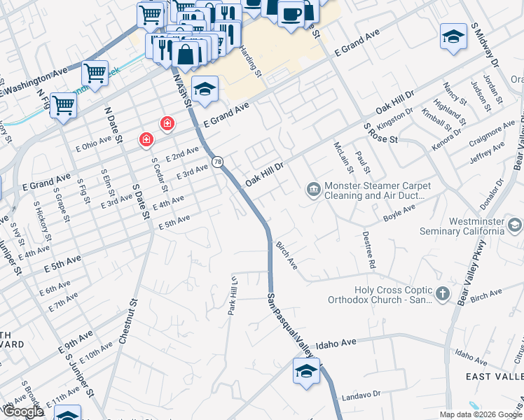 map of restaurants, bars, coffee shops, grocery stores, and more near 641 Mustang Glen in Escondido