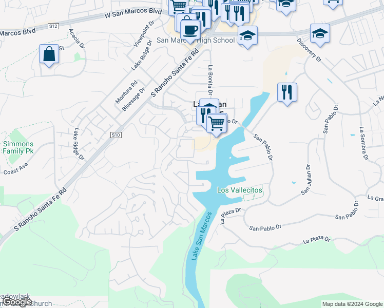 map of restaurants, bars, coffee shops, grocery stores, and more near 1616 Circa Del Lago in San Marcos