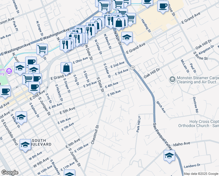 map of restaurants, bars, coffee shops, grocery stores, and more near 943 East 4th Avenue in Escondido