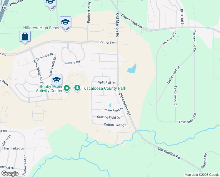 map of restaurants, bars, coffee shops, grocery stores, and more near 338 Old Bridge Road in Tuscaloosa