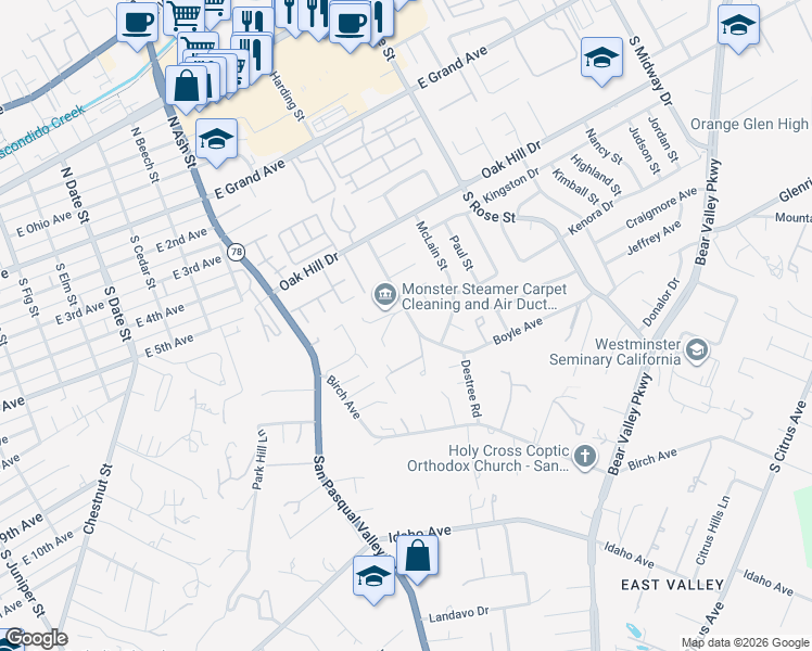 map of restaurants, bars, coffee shops, grocery stores, and more near 815 Boyle Avenue in Escondido