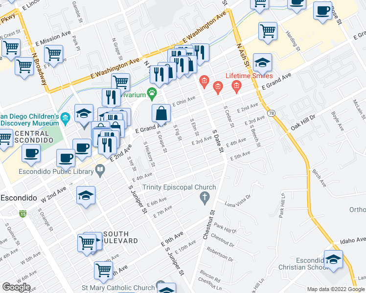 map of restaurants, bars, coffee shops, grocery stores, and more near 720 East 3rd Avenue in Escondido