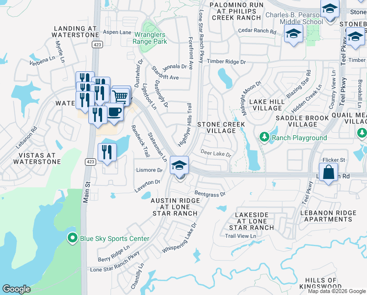 map of restaurants, bars, coffee shops, grocery stores, and more near 5324 Highflyer Hills Trail in Frisco
