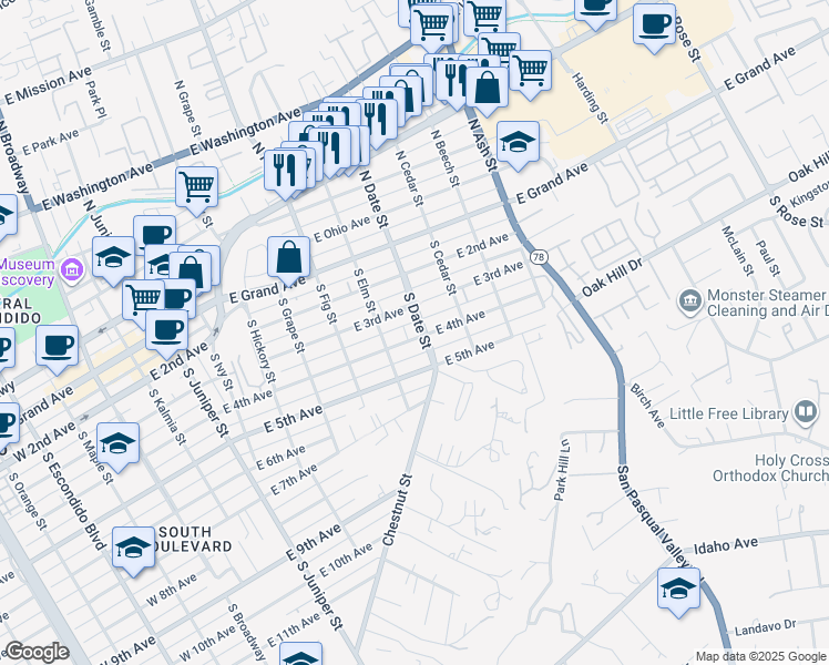 map of restaurants, bars, coffee shops, grocery stores, and more near 854 East 4th Avenue in Escondido