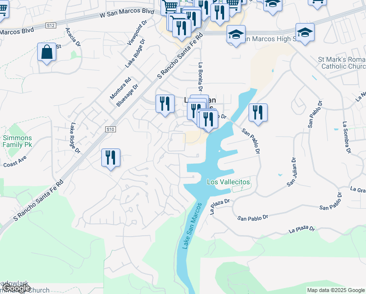 map of restaurants, bars, coffee shops, grocery stores, and more near 1616 Circa Del Lago in San Marcos