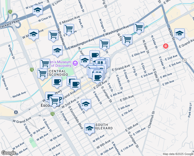 map of restaurants, bars, coffee shops, grocery stores, and more near East Grand Avenue & South Juniper Street in Escondido