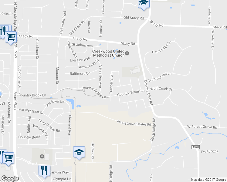 map of restaurants, bars, coffee shops, grocery stores, and more near 1706 Turnberry Lane in Allen