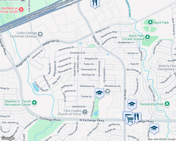 map of restaurants, bars, coffee shops, grocery stores, and more near 1421 Greenwich Drive in Allen
