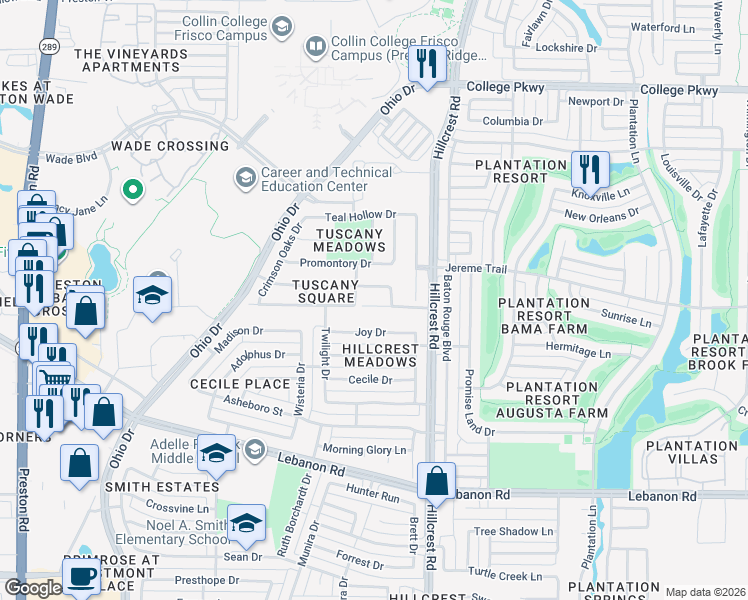 map of restaurants, bars, coffee shops, grocery stores, and more near 10288 Darkwood Dr in Frisco
