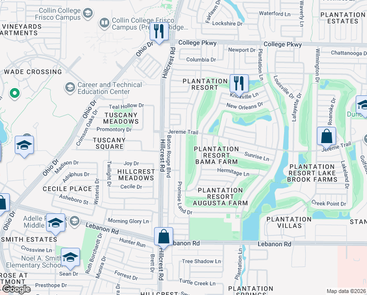 map of restaurants, bars, coffee shops, grocery stores, and more near 5400 Promise Land Drive in Frisco