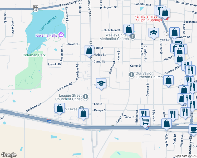 map of restaurants, bars, coffee shops, grocery stores, and more near 933 Moore Street South in Sulphur Springs