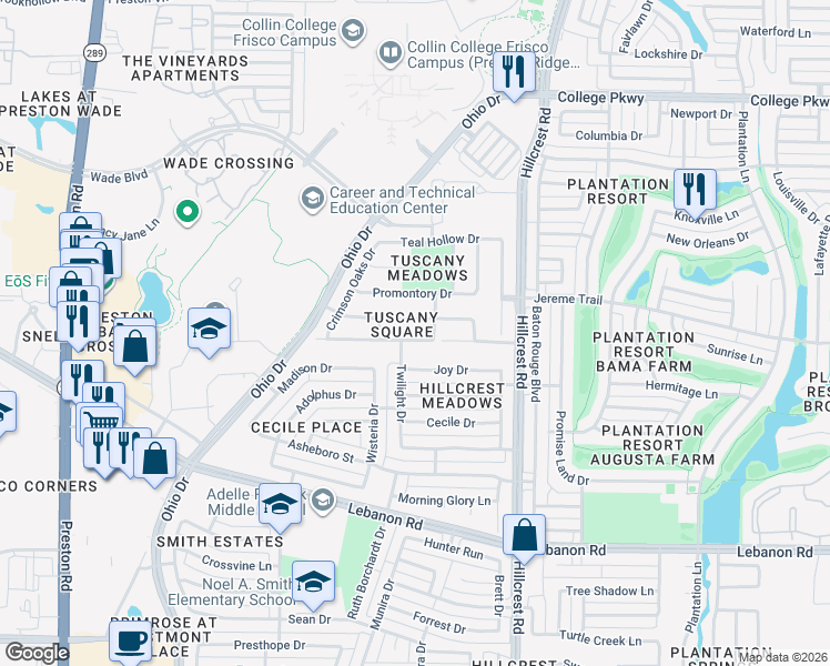 map of restaurants, bars, coffee shops, grocery stores, and more near 10148 Wakebridge Drive in Frisco