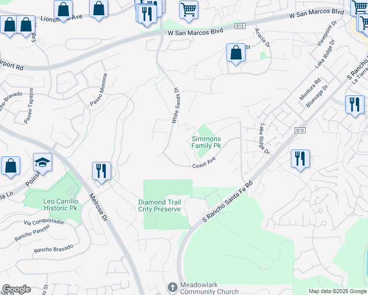 map of restaurants, bars, coffee shops, grocery stores, and more near 1256 Summit Point Way in San Marcos