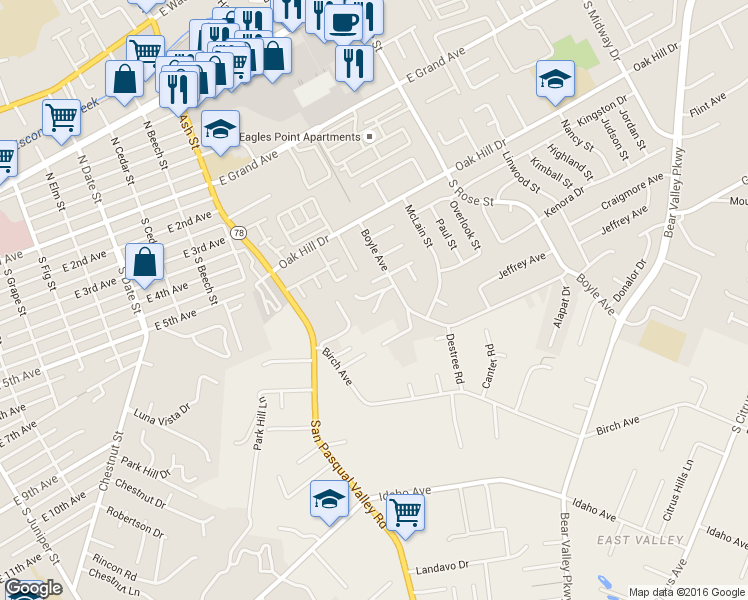 map of restaurants, bars, coffee shops, grocery stores, and more near 1366 Heritage Court in Escondido