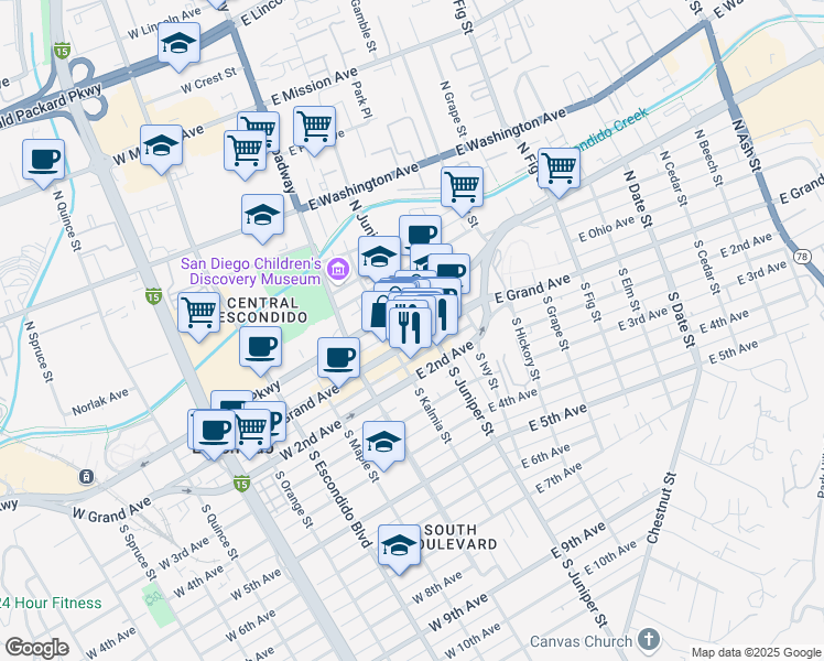 map of restaurants, bars, coffee shops, grocery stores, and more near 236 East Grand Avenue in Escondido