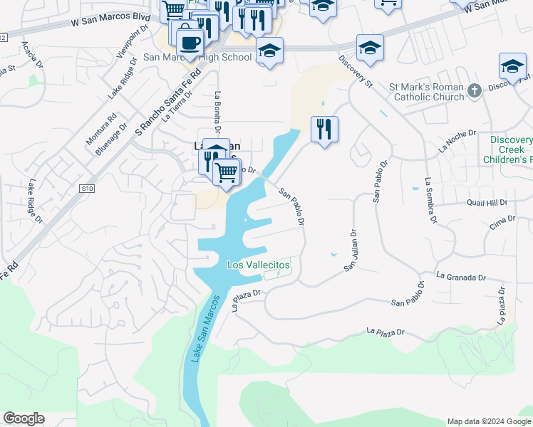 map of restaurants, bars, coffee shops, grocery stores, and more near 1453 La Habra Drive in San Marcos