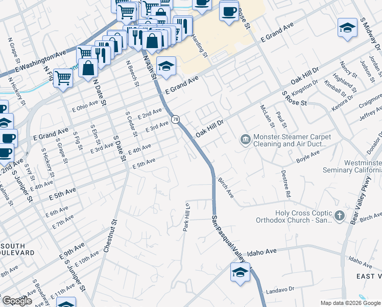 map of restaurants, bars, coffee shops, grocery stores, and more near 505 San Pasqual Valley Road in Escondido