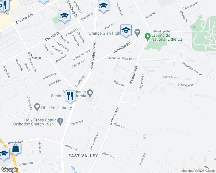 map of restaurants, bars, coffee shops, grocery stores, and more near 1411 Logan Court in Escondido