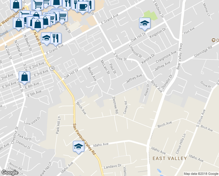 map of restaurants, bars, coffee shops, grocery stores, and more near 910 McLain Street in Escondido