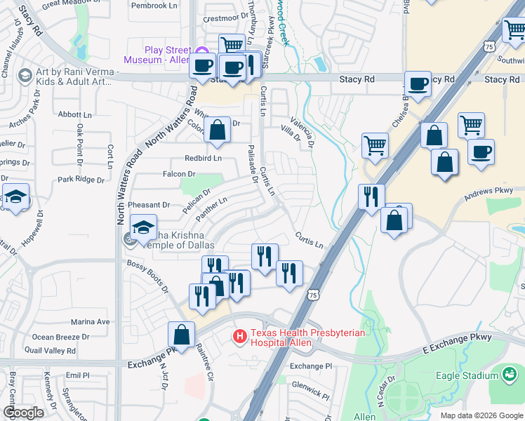 map of restaurants, bars, coffee shops, grocery stores, and more near 801 Stockton Drive in Allen