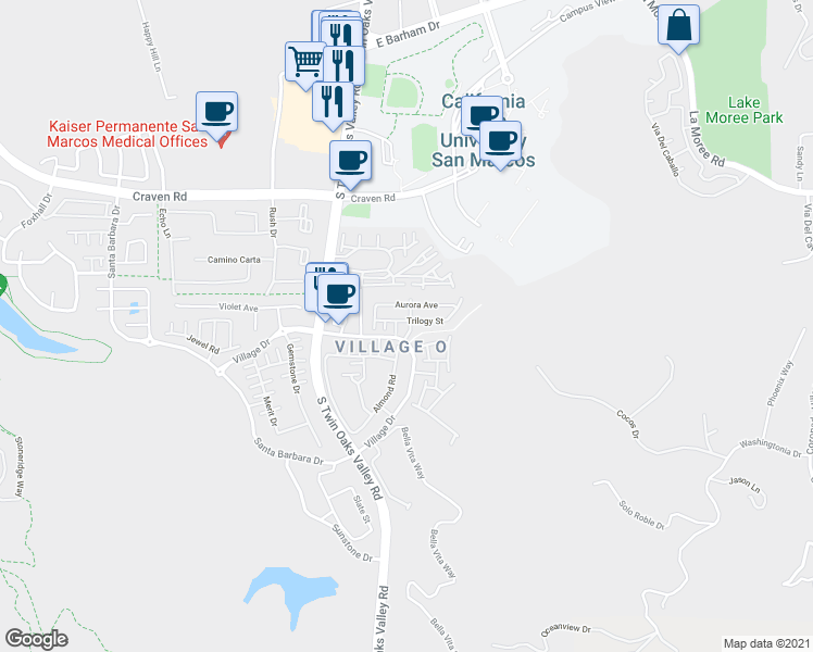 map of restaurants, bars, coffee shops, grocery stores, and more near 105 Trilogy Street in San Marcos