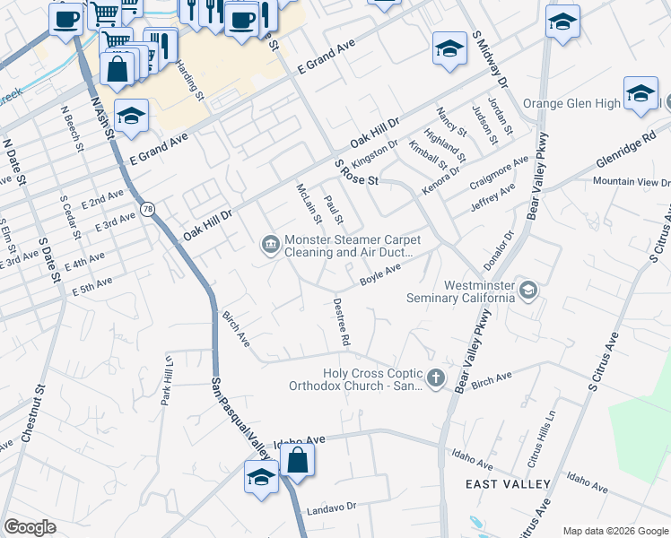 map of restaurants, bars, coffee shops, grocery stores, and more near 1410 Jeffrey Place in Escondido