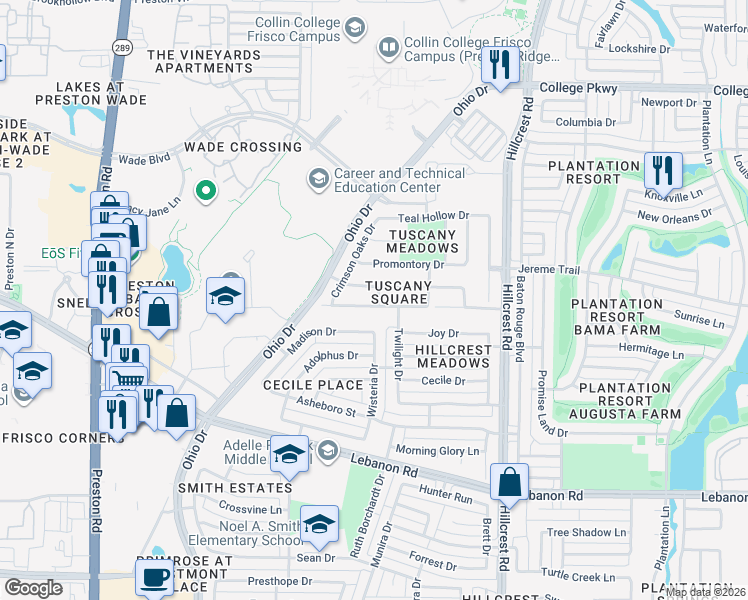 map of restaurants, bars, coffee shops, grocery stores, and more near 9998 Wakebridge Drive in Frisco