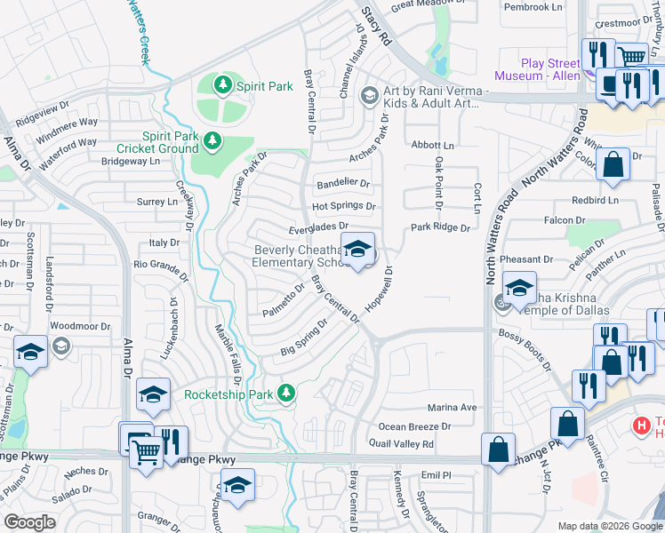 map of restaurants, bars, coffee shops, grocery stores, and more near 1992 Verde Court in Allen