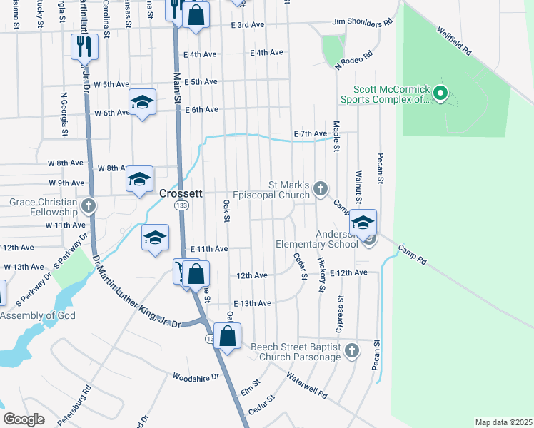 map of restaurants, bars, coffee shops, grocery stores, and more near 908 Elm Street in Crossett