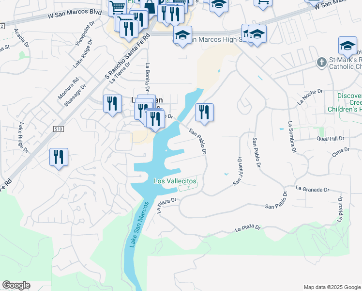 map of restaurants, bars, coffee shops, grocery stores, and more near 1453 La Habra Drive in San Marcos