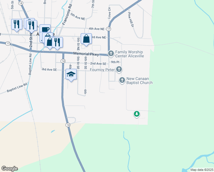 map of restaurants, bars, coffee shops, grocery stores, and more near 9th Street Southeast in Aliceville