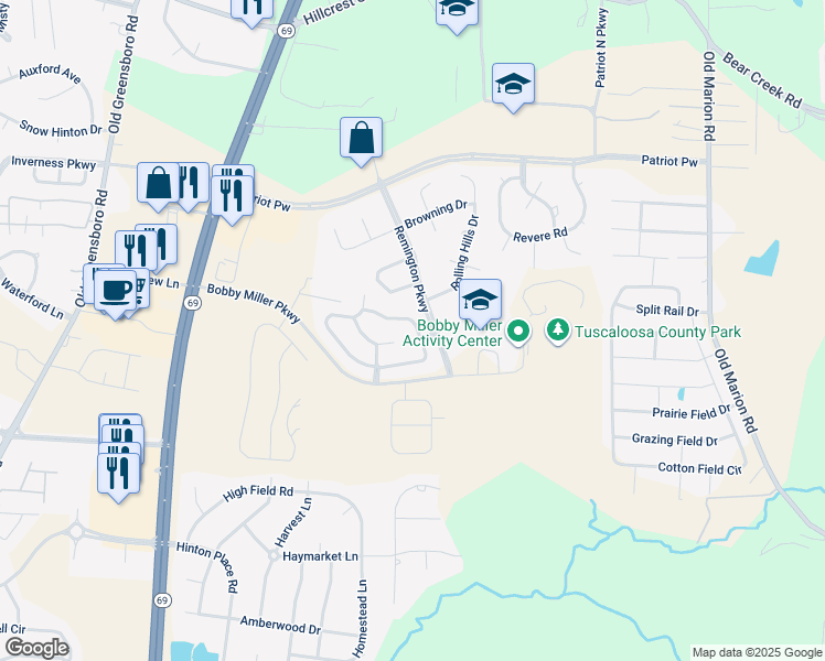 map of restaurants, bars, coffee shops, grocery stores, and more near 440 Camille Lane in Tuscaloosa