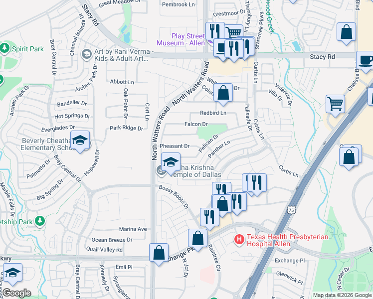 map of restaurants, bars, coffee shops, grocery stores, and more near 941 Pheasant Drive in Allen