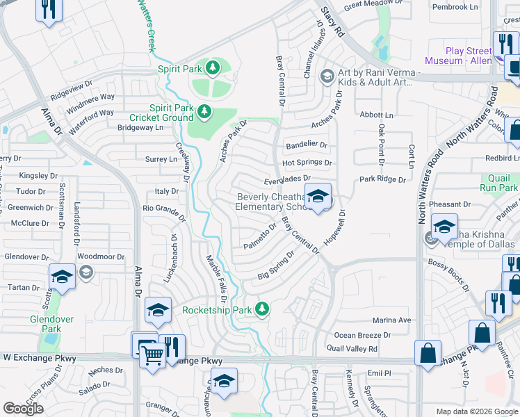 map of restaurants, bars, coffee shops, grocery stores, and more near 1034 Balmorhea Drive in Allen