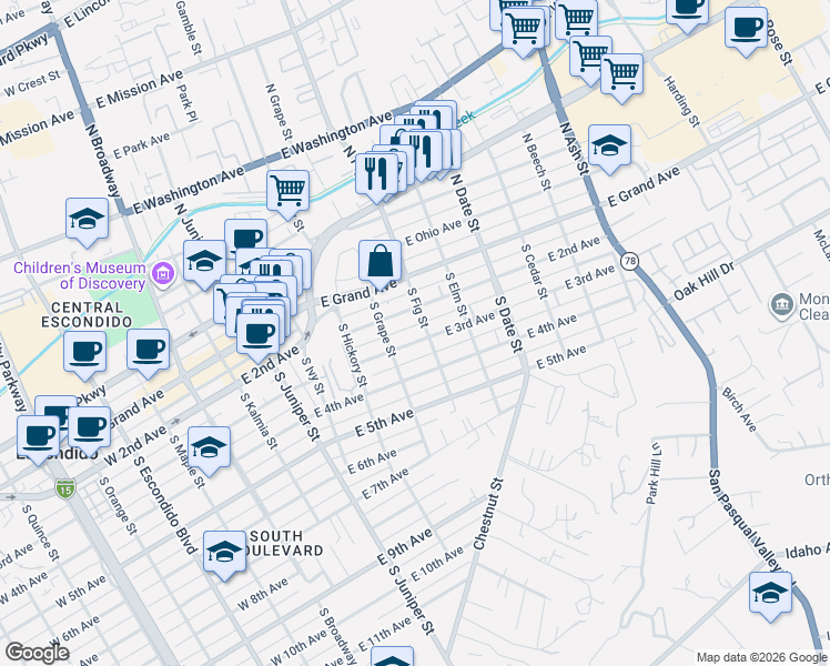 map of restaurants, bars, coffee shops, grocery stores, and more near 303 South Fig Street in Escondido