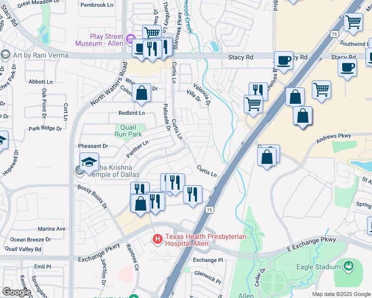 map of restaurants, bars, coffee shops, grocery stores, and more near 1441 Pebble Way in Allen