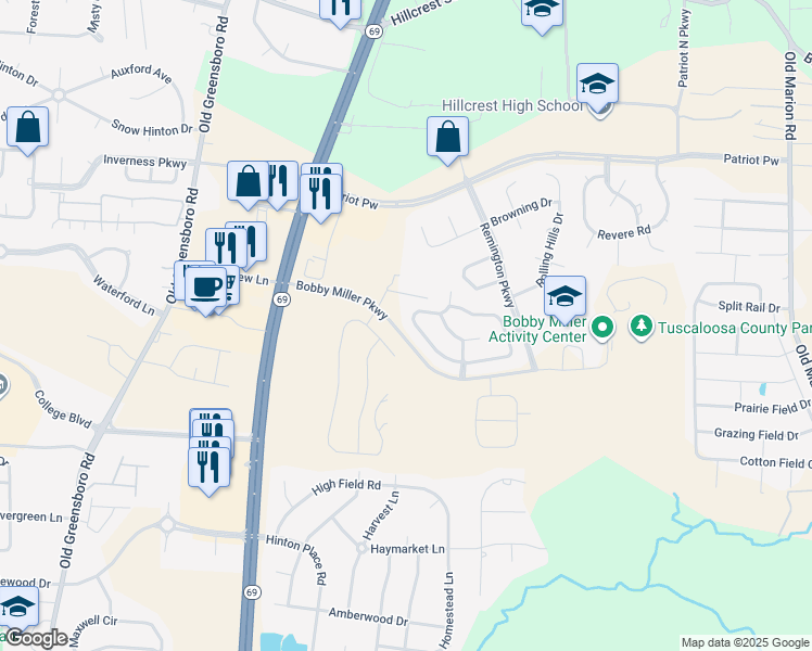 map of restaurants, bars, coffee shops, grocery stores, and more near 603 Camille Lane in Tuscaloosa