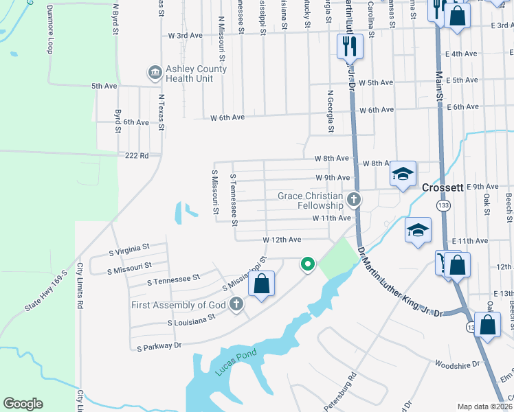 map of restaurants, bars, coffee shops, grocery stores, and more near 801 West 10th Avenue in Crossett