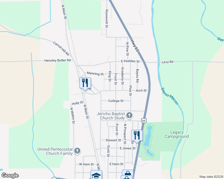 map of restaurants, bars, coffee shops, grocery stores, and more near 202 Arch Street in Eudora