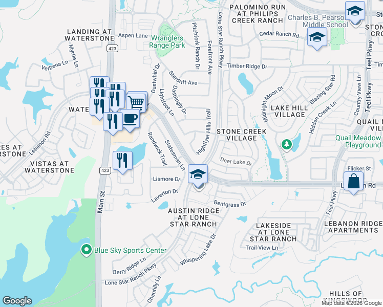 map of restaurants, bars, coffee shops, grocery stores, and more near 5324 Highflyer Hills Trail in Frisco