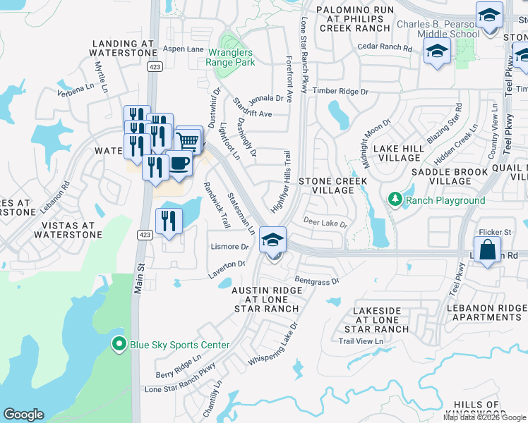 map of restaurants, bars, coffee shops, grocery stores, and more near 5324 Highflyer Hills Trail in Frisco