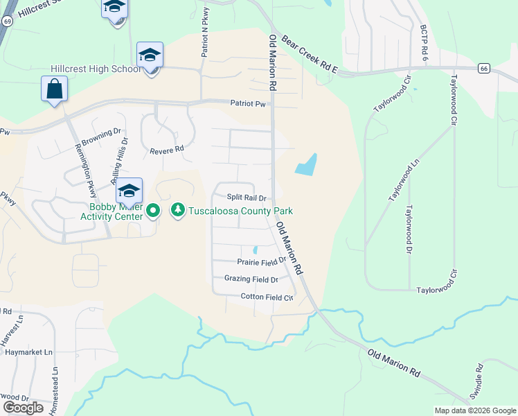 map of restaurants, bars, coffee shops, grocery stores, and more near 338 Old Bridge Road in Tuscaloosa