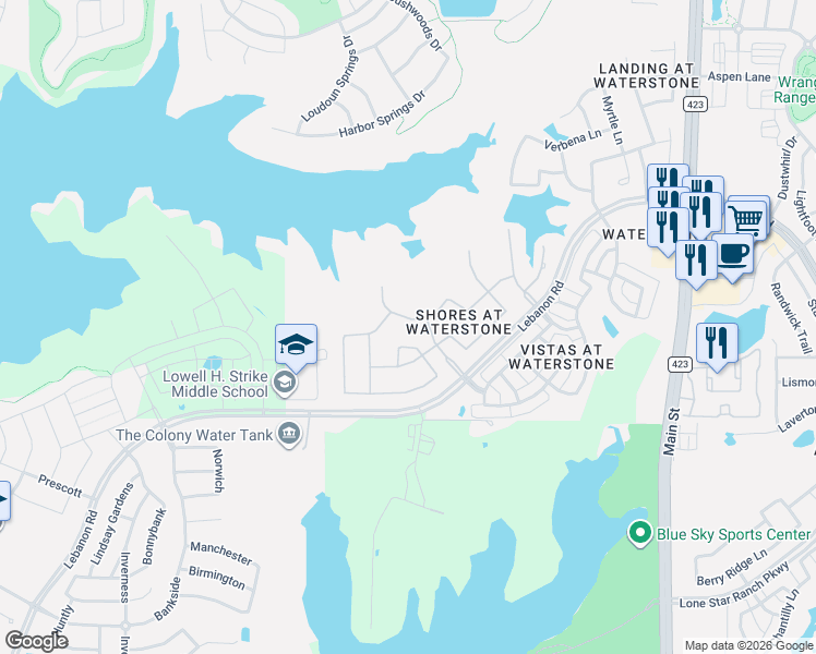 map of restaurants, bars, coffee shops, grocery stores, and more near 1113 Clearwater Drive in Frisco