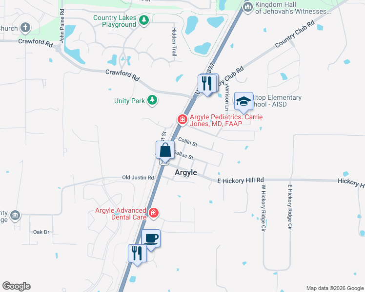 map of restaurants, bars, coffee shops, grocery stores, and more near 709 Cypress Street in Argyle