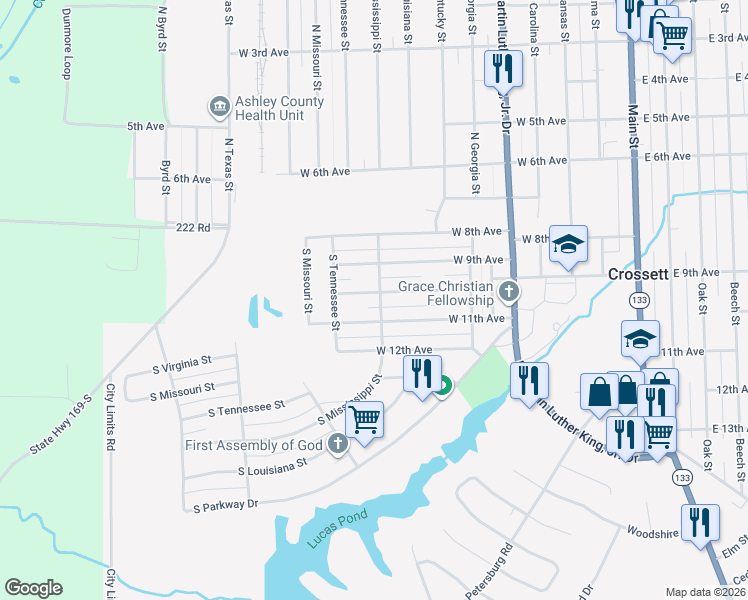 map of restaurants, bars, coffee shops, grocery stores, and more near 801 West 10th Avenue in Crossett